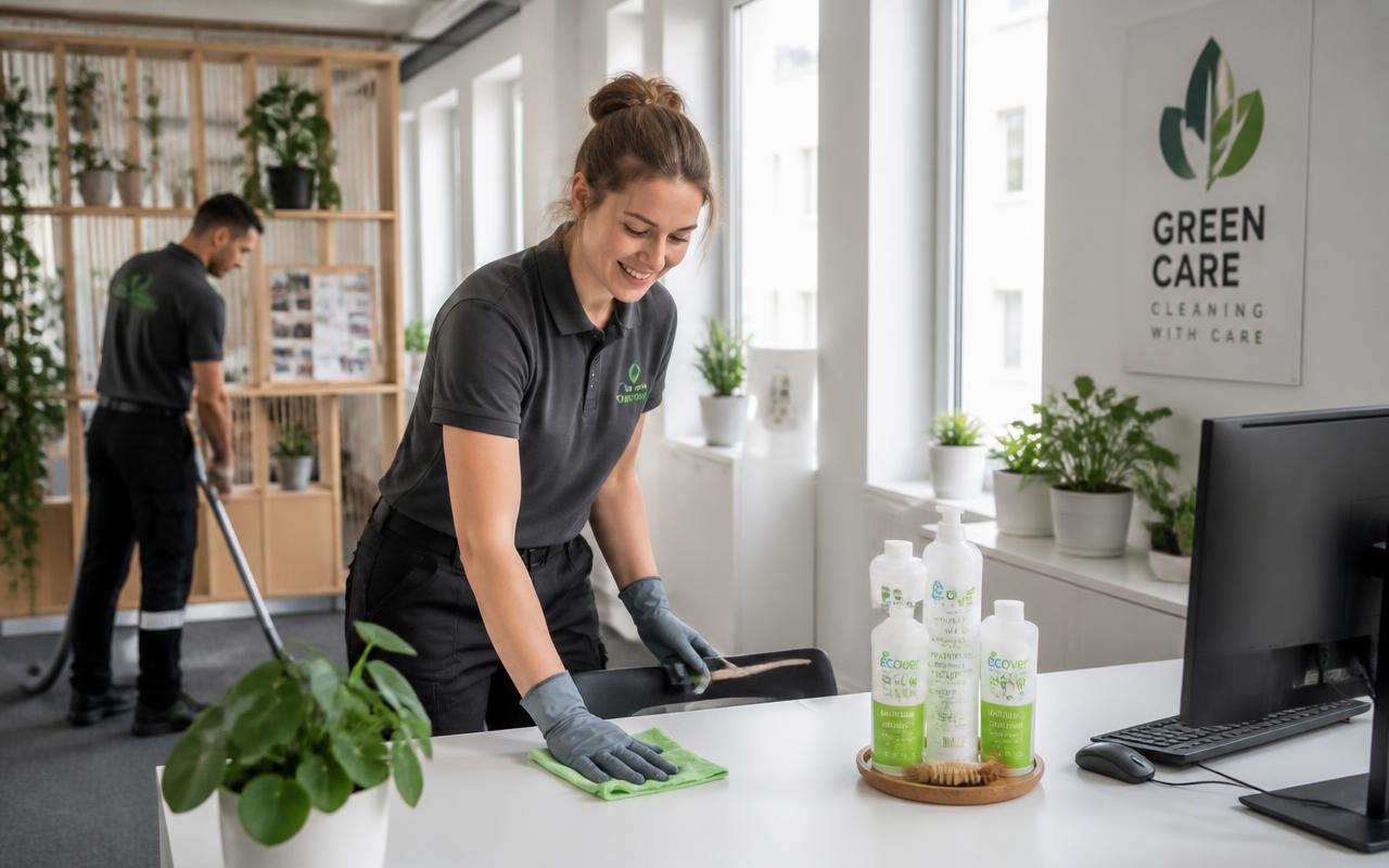 Schoonmaakmedewerker poetst een kantoorbureau met microvezeldoek en ecologische producten