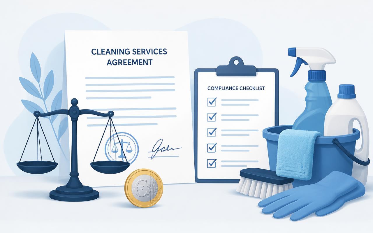 Illustratie van een wetgevingsdocument met weegschaal, euromunt en checklist als symbool voor PC121-wetgeving in de schoonmaaksector