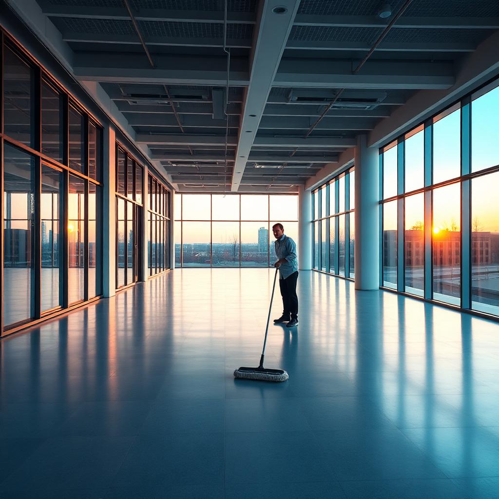 Schoonmaker aan het werk in een leeg kantoor bij zonsondergang in Limburg